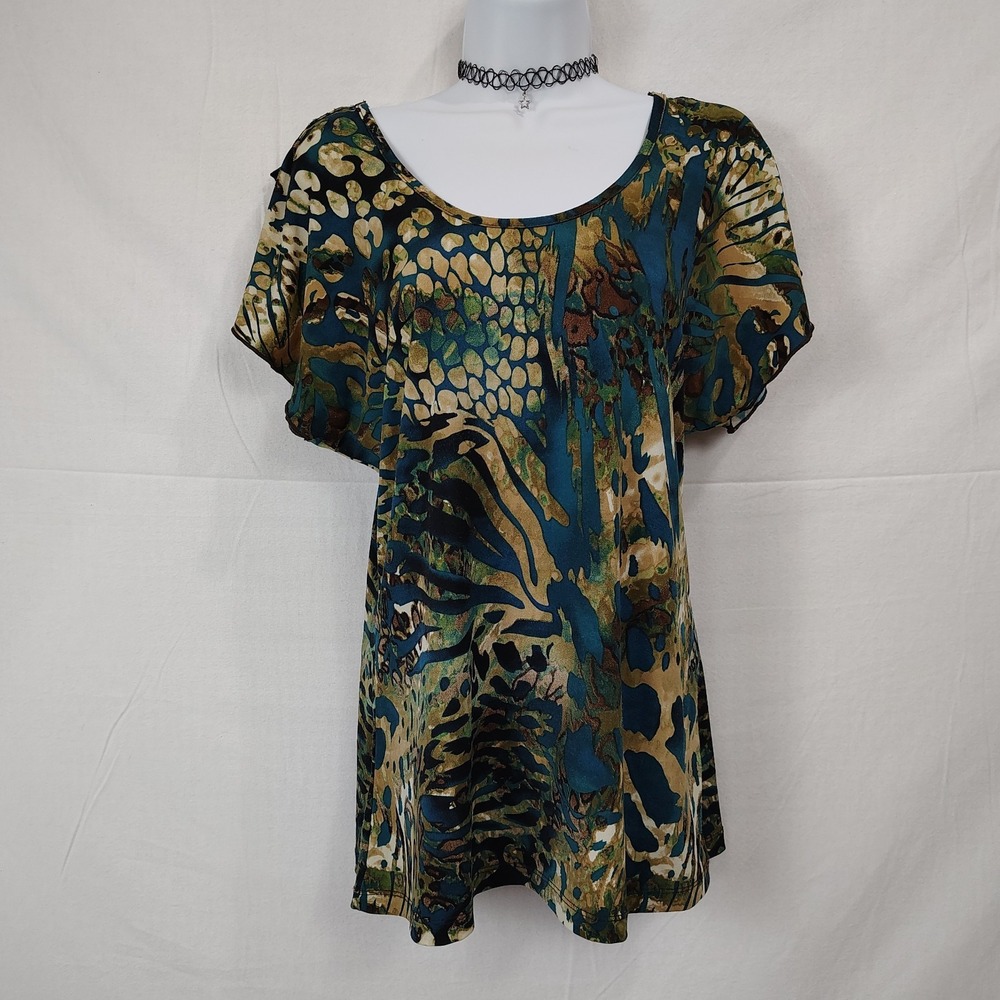 Susan Lawrence Animal Print Flutter Sleeve top‎ Womens Small Crochet Lace Artsy